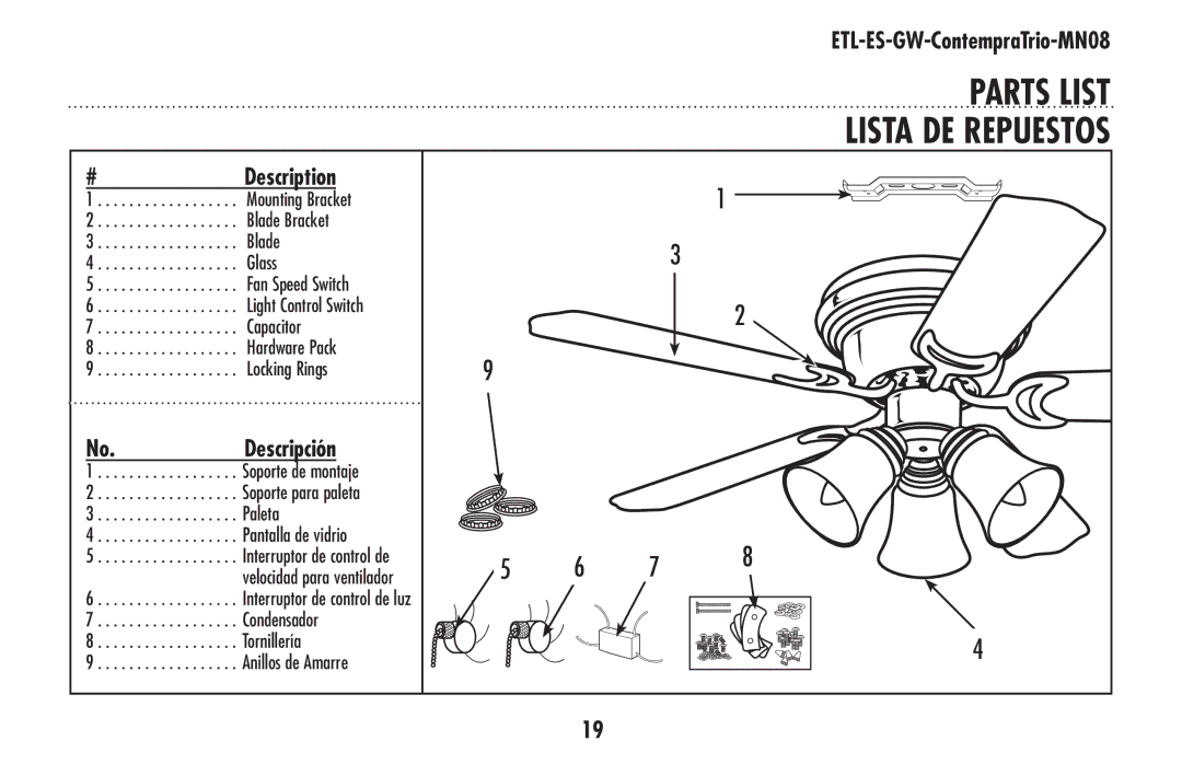 Westinghouse ETL-ES-GW-ContempraTrio-MN08 owner manual PARTS LIST Lista DE Repuestos, Description 